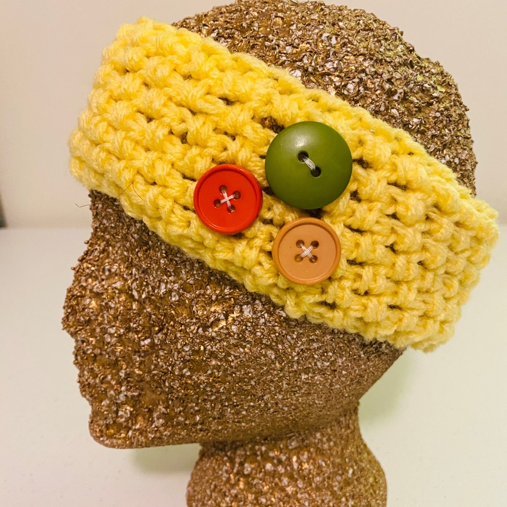 Yellow Headband ear warmer with decorative buttons